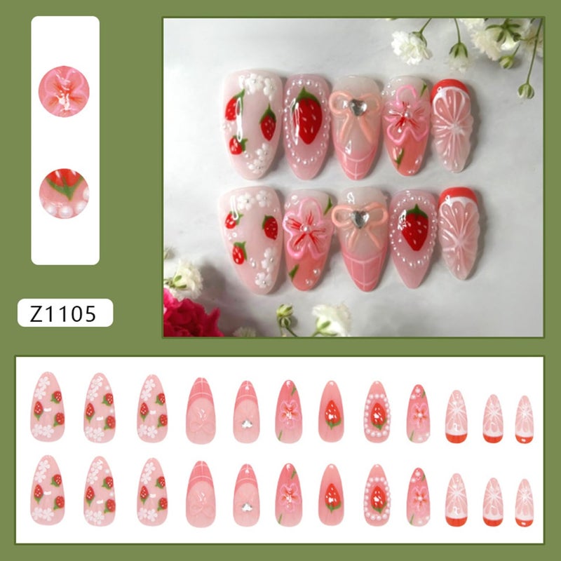 CJDLTS Flower Press on Nails Medium Almond Shaped Artificial Acrylic Nail French 3D Strawberry Floral Bow with Rhinestones Stick on Nails Full Cover Glue on Nail Artificial Fingernails for Women Manicure - Image 3